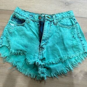 Teal Distressed High Waisted Jean Shorts